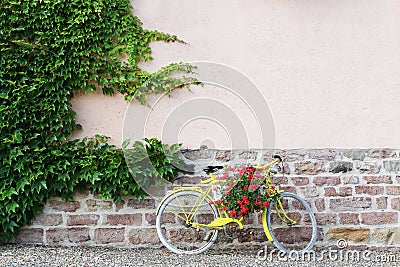 Yellow bike with flowers in Beaujolais Stock Photo