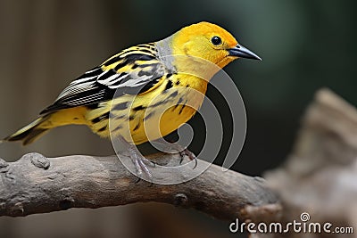 yellow bird with black stripe on its head perched on branch Stock Photo