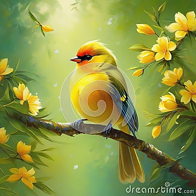 Yellow Bird with Long Tail Sitting on Spring Branch Canvas Brush Cartoon Illustration