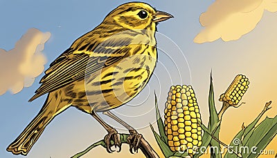 A yellow bird perched on a corn stalk Stock Photo
