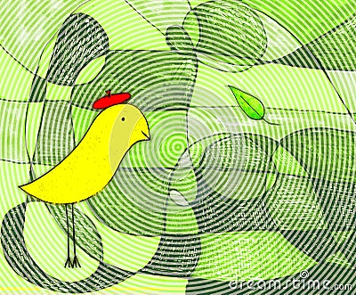 Yellow Bird in a Red Beret Hat Whimsical Art Stock Photo