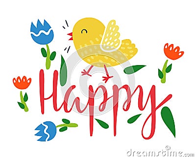 Yellow bird singing with flowers and broken eggshell. Bright cheerful greeting card design. Spring happiness and nature Cartoon Illustration