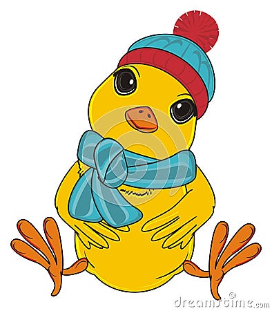 Yellow bird in winter clothes Stock Photo