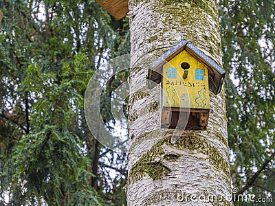 Yellow Birdhouse on a birch tree. Bird life care. Species preservation. Stock Photo