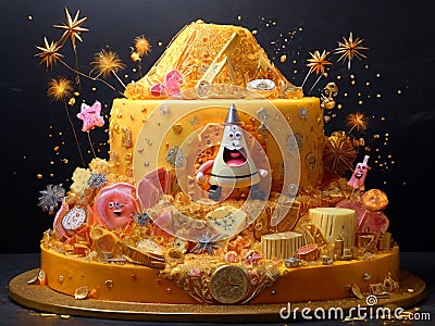 Yellow Birthday cake on funny figures, stars black background Stock Photo