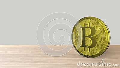 Yellow bitcoin gold coin Isolated on wood wooden table. bit-coin 3d render isolated, cryptocurrency, crypto, business, managment, Stock Photo
