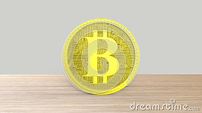 Yellow bitcoin gold coin Isolated on wood wooden table. bit-coin 3d render isolated, cryptocurrency, crypto, business, managment, Stock Photo