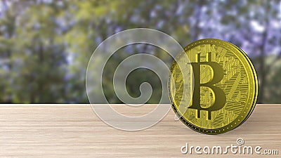 Yellow bitcoin gold coin on wood wooden table over forest trees blur. bit-coin 3d render isolated, cryptocurrency, crypto, Stock Photo