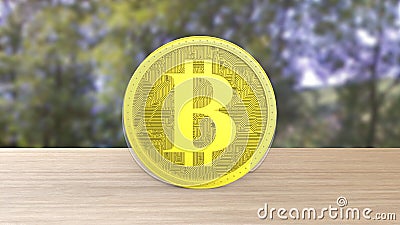 Yellow bitcoin gold coin on wood wooden table over forest trees blur. bit-coin 3d render isolated, cryptocurrency, crypto, Stock Photo