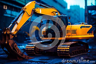 Yellow and black bulldozer sitting on top of pile of rubble. Generative AI Stock Photo