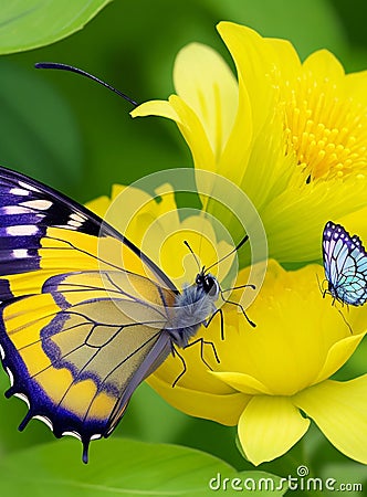 Yellow and black butterfly shape Yellow flower cluster Stock Photo