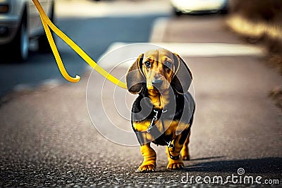 yellow black dachshund dog on leash walks on road with walker Cartoon Illustration