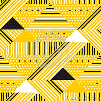 Yellow and black geometric modern seamless pattern. Repeatable motif with striped and polka dot textures. Vector Illustration