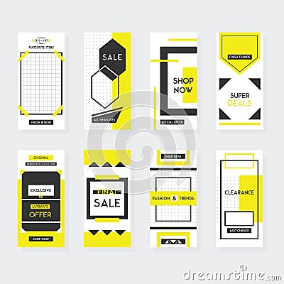 Yellow and black vertical shape sale and shop web site and mobile template designs set on gray Vector Illustration