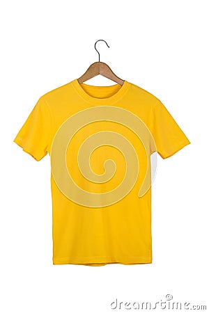 Yellow Blank Cotton Tshirt with wooden hanger isolated on white Stock Photo