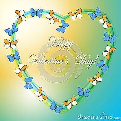 Yellow and blue vector background with heart and butterflies Vector Illustration