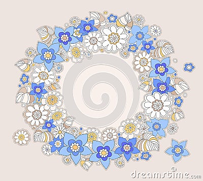 Yellow and blue colored flowers round congratulation frame Vector Illustration