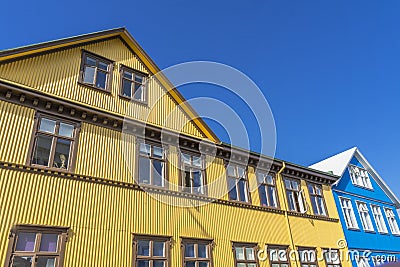 Yellow Blue Corrugated Iron Houses Street Reykjavik Iceland Stock Photo