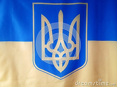 yellow and blue flag and coat of arms of Ukraine Stock Photo