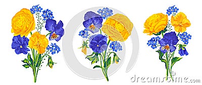 Vector realistic buttercups, pansies and forget-me-nots in botanical illustrations isolated on white background. Vector Illustration