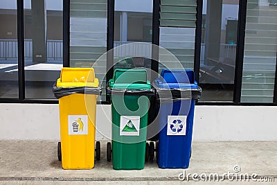 Yellow, blue, green bins , Recycling bins ,trashcan Editorial Stock Photo