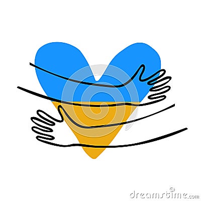 Yellow and blue heart with hugs hands. Stand with Ukraine/ Stop war Vector Illustration