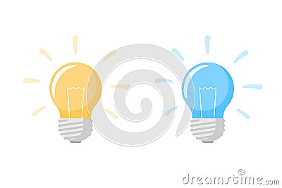 Yellow and blue light bulb lamp flat icon with bright rays shine set. Energy innovation and creative idea symbol Vector Illustration