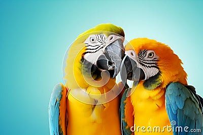 Yellow blue Lovebird parrots on light blue background. Two colorful lovebird parrots kissing. Colorful pets. Hugging animals. Love Stock Photo