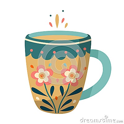 Yellow and blue mug with flowers Vector Illustration