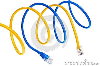 Yellow and blue patch cords. Stock Photo