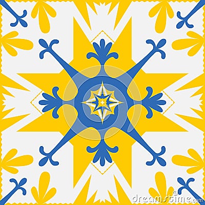 Yellow blue pattern for tiles talavera spanish style, vector illustration for design, geometric angular symmetric mandala Vector Illustration