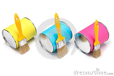 Yellow, blue and pink cans of paint and paintbrush isolated on white background Stock Photo