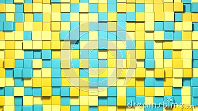 Yellow blue small box cube random geometric background. Abstract square pixel mosaic illustration. Land block background. Fantasy Cartoon Illustration