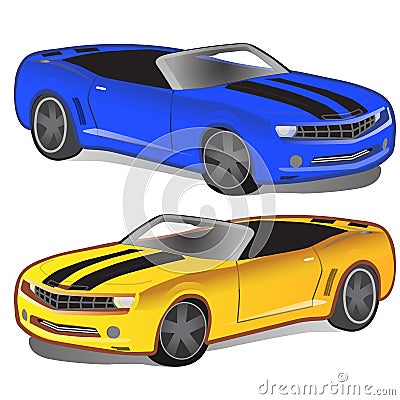 Yellow and blue sport car without top. Classic vintage sportcar. Two retro automobile isolated. Vector Vector Illustration