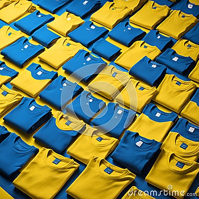 Yellow and blue T-shirts lie in a stack. The concept of diversity in the world and freedom of choice Stock Photo