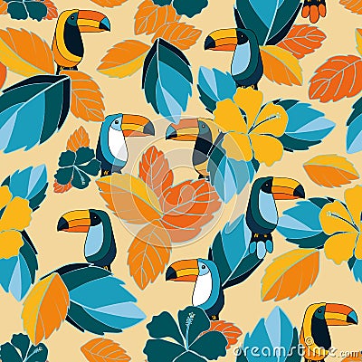 Yellow and blue tropical toucan hibiscus seamless Vector Illustration