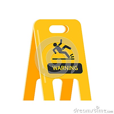 Yellow Boards with Wet Floor Warning, Precaution in Office, Airport or Hotel Hall. Black Silhouettes on Plastic Sign Vector Illustration