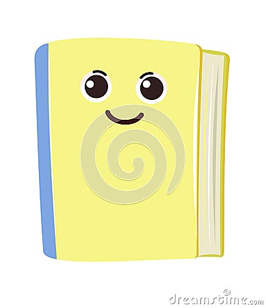 Yellow book or notebook. Cheerful cute cartoon character. Isolated on white background. Childrens design. With a face Vector Illustration