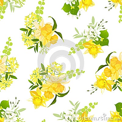 Yellow bouquets of narcissus, wildflowers and herbs seamless vector pattern Vector Illustration