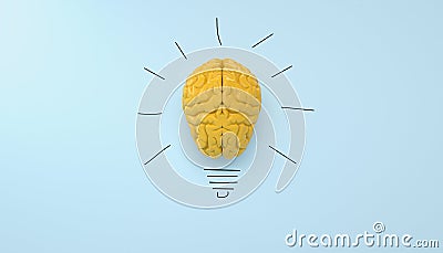Yellow brain on blue clear background yellow brain on blue clear background, concept light bulb idea Stock Photo