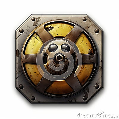 a yellow and brown metal button with a skull on it Stock Photo