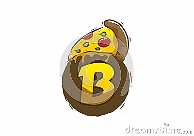 Yellow brown pizza slice with B initial letter Vector Illustration