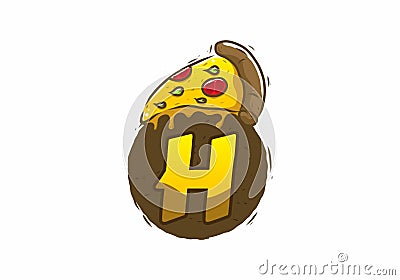 Yellow brown pizza slice with H initial letter Vector Illustration