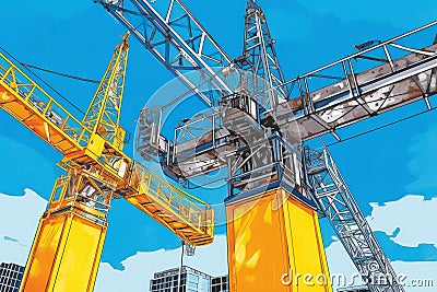 Yellow Building Construction Cranes on a Blue Sky Background. Generative AI Stock Photo