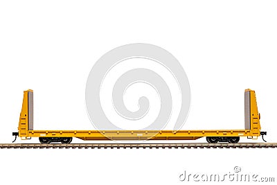A Yellow Bulkhead Flat Car On Track Stock Photo