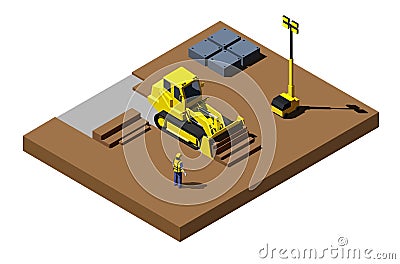 Yellow bulldozer at construction site. Modern isometric construction vehicle illustration Vector Illustration