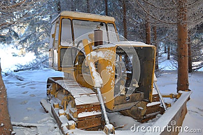 Yellow bulldozer covered with snow abandoned in forest Stock Photo
