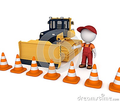 Yellow bulldozer near traffic cones Stock Photo