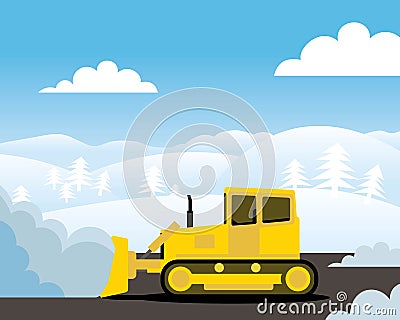 Yellow bulldozer pushing pile of snow Vector Illustration