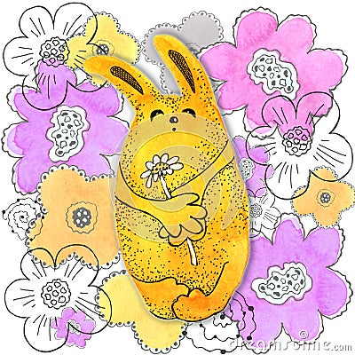 Yellow bunny, rabbit. Glade. Drawing in watercolor and graphic style for the design of prints, backgrounds, cards Stock Photo